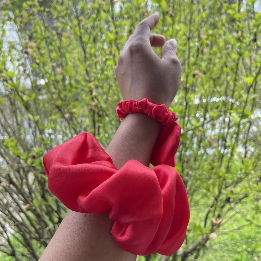 2 New Satin Scrunchie Hair Tie Red